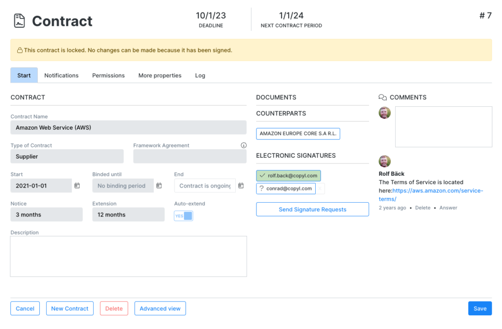 Contract form example in Copyl Contract Management software