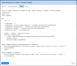 Download automatically generated source code to implement the trigger in your API