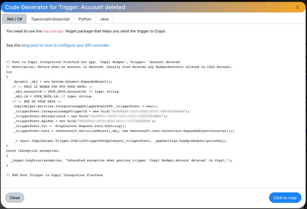 Code generator defines what you need to add to your code to publish events to Copyl Integration Platform