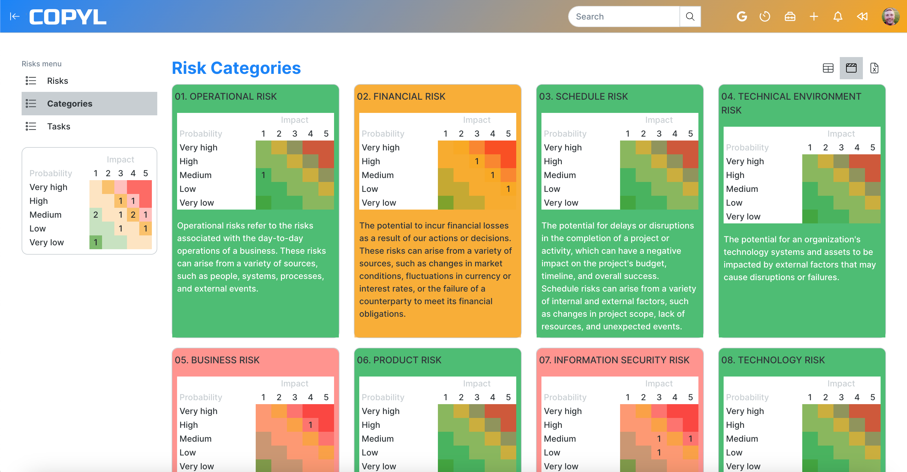 Risk Categories in Copyl Risk Management software