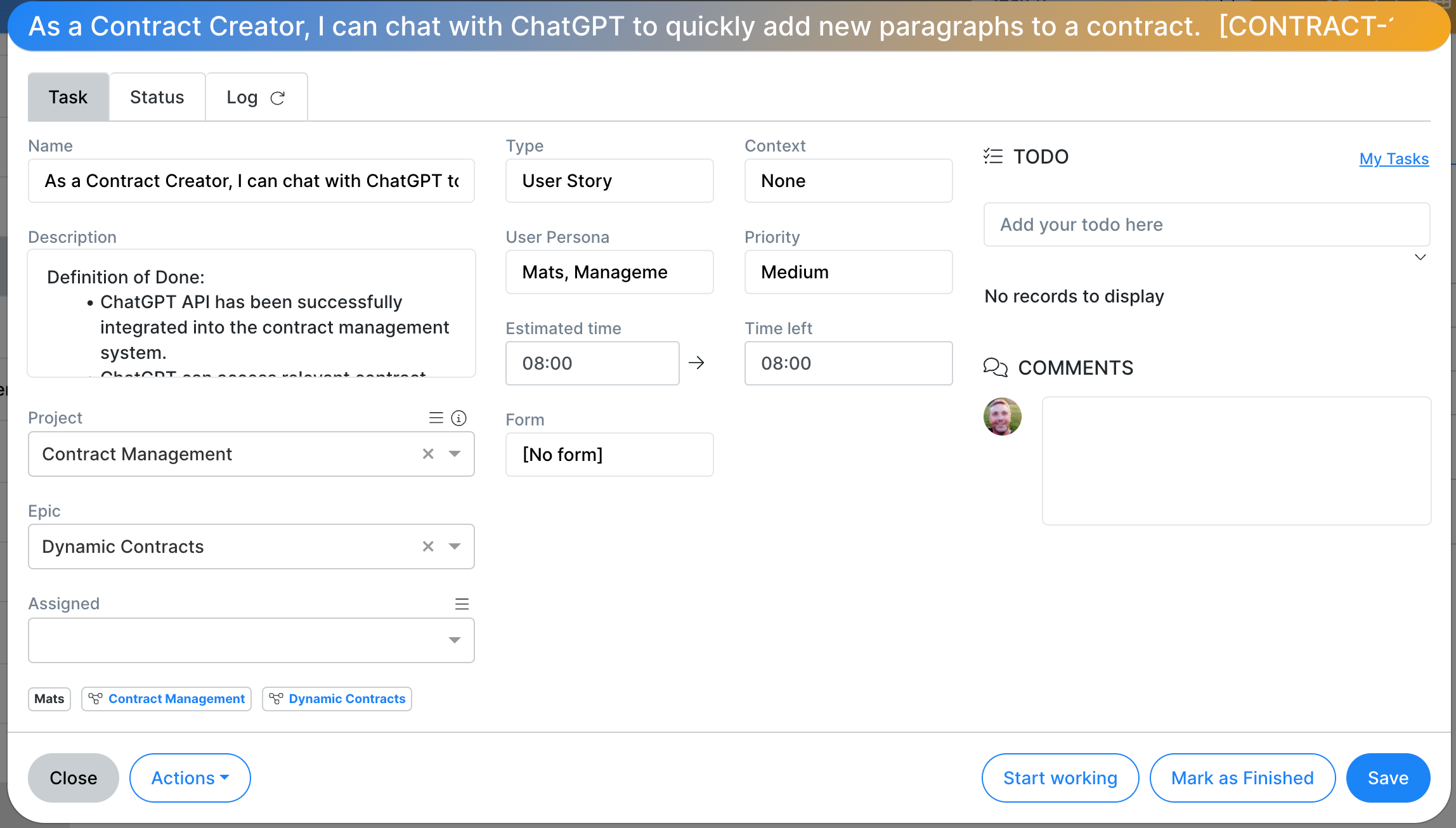 Task form for a User Story in Copyl Project Management