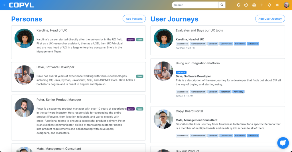 UX tools startpage in Copyl where you can manage your Personas and User Journeys.