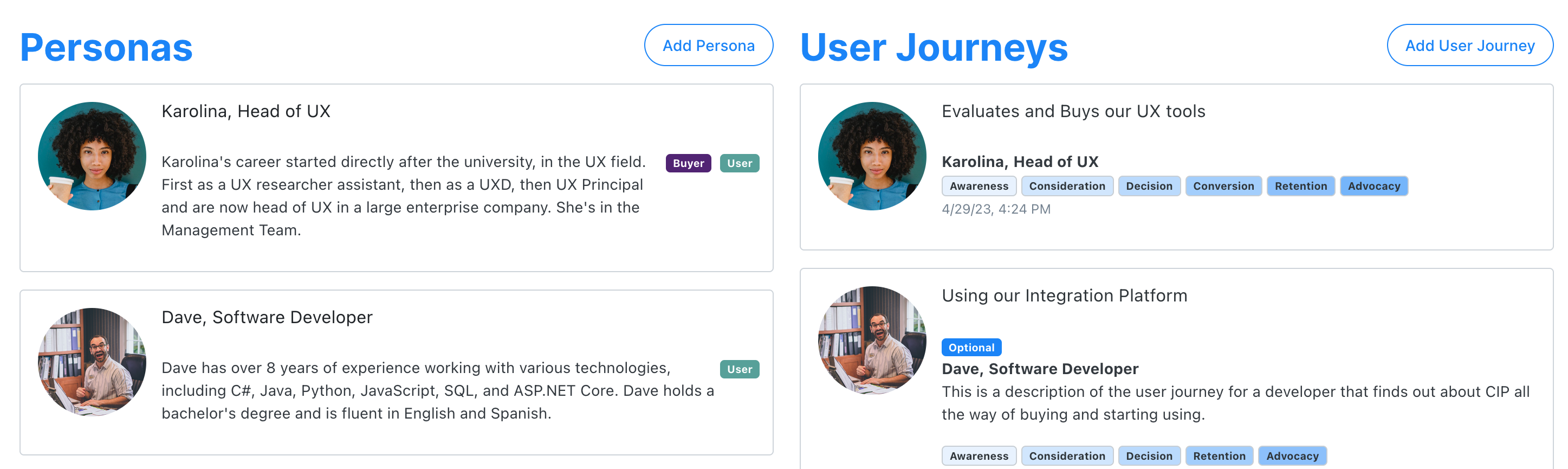 UX tools in Copyl keeps all User Personas and User Journeys in one place.